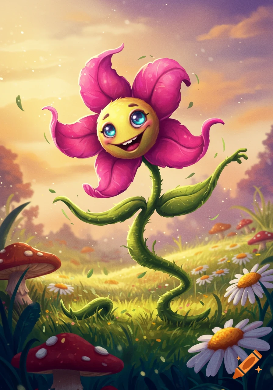 A whimsical, smiling cartoon flower with pink petals and vine limbs dances in a sunlit meadow with red mushrooms and white daisies.