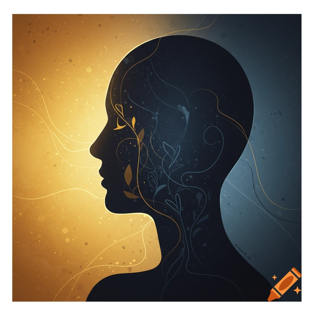 Abstract minimalist illustration of a human head silhouette split into golden and dark blue halves, filled with flowing lines and leaf motifs.