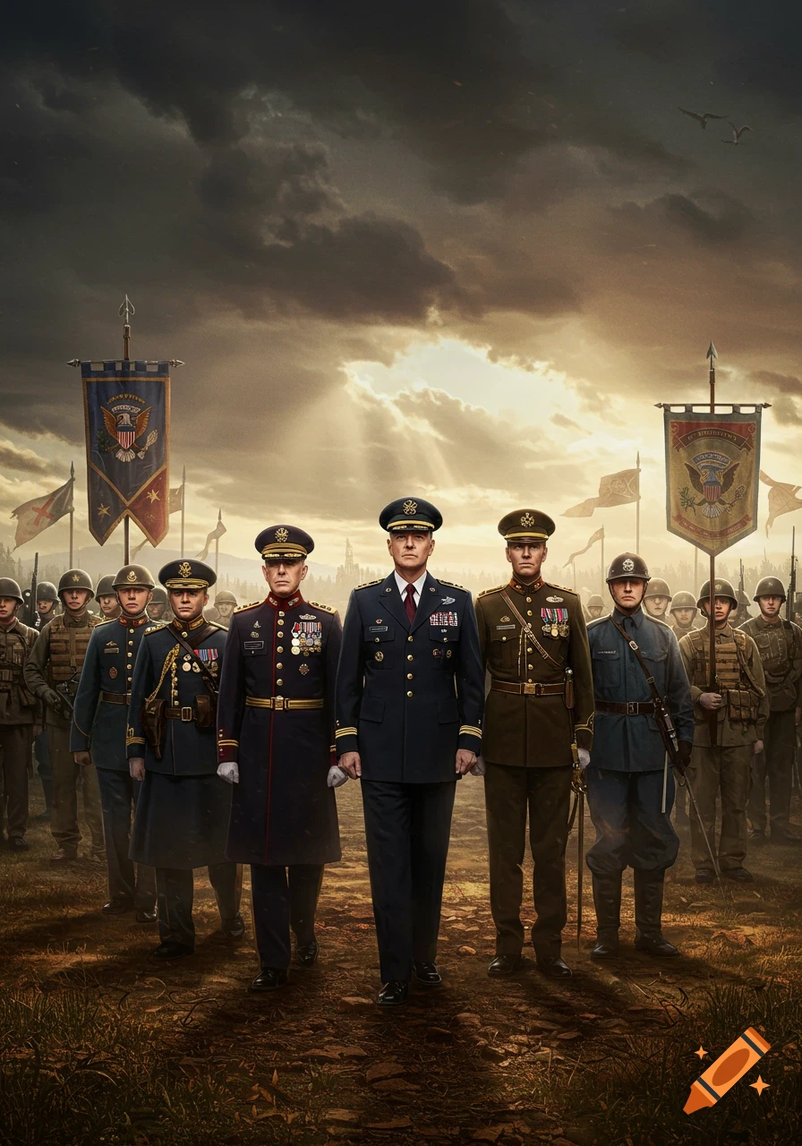 Five military officers in dress uniforms stand at the forefront of a marching army, under a dramatic cloudy sky with sun rays. Large banners with insignia are visible in the background, amidst a dusty field.