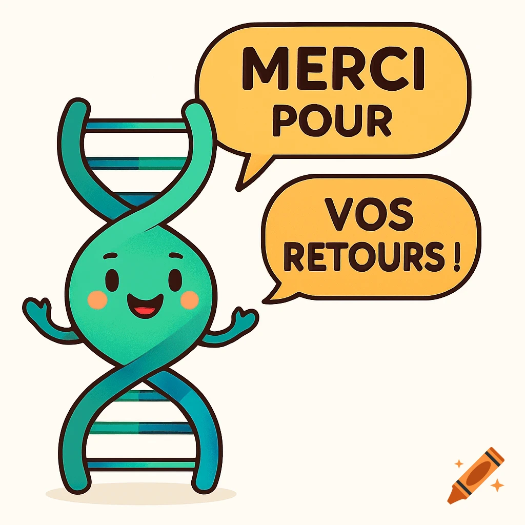 A cute, smiling cartoon DNA strand says 'Merci pour vos retours!' in two speech bubbles on a light background.