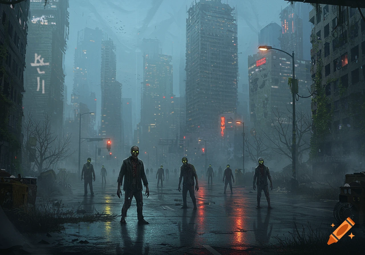 Zombies with glowing yellow eyes stand on a wet street in a ruined, misty post-apocalyptic city with derelict skyscrapers.