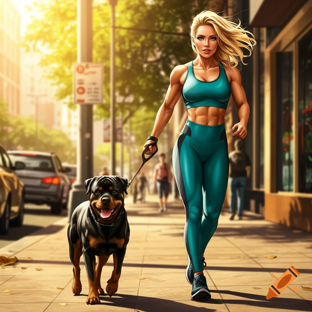 A muscular blonde fitness woman in teal athletic wear walks a happy Rottweiler on a sunny city sidewalk.