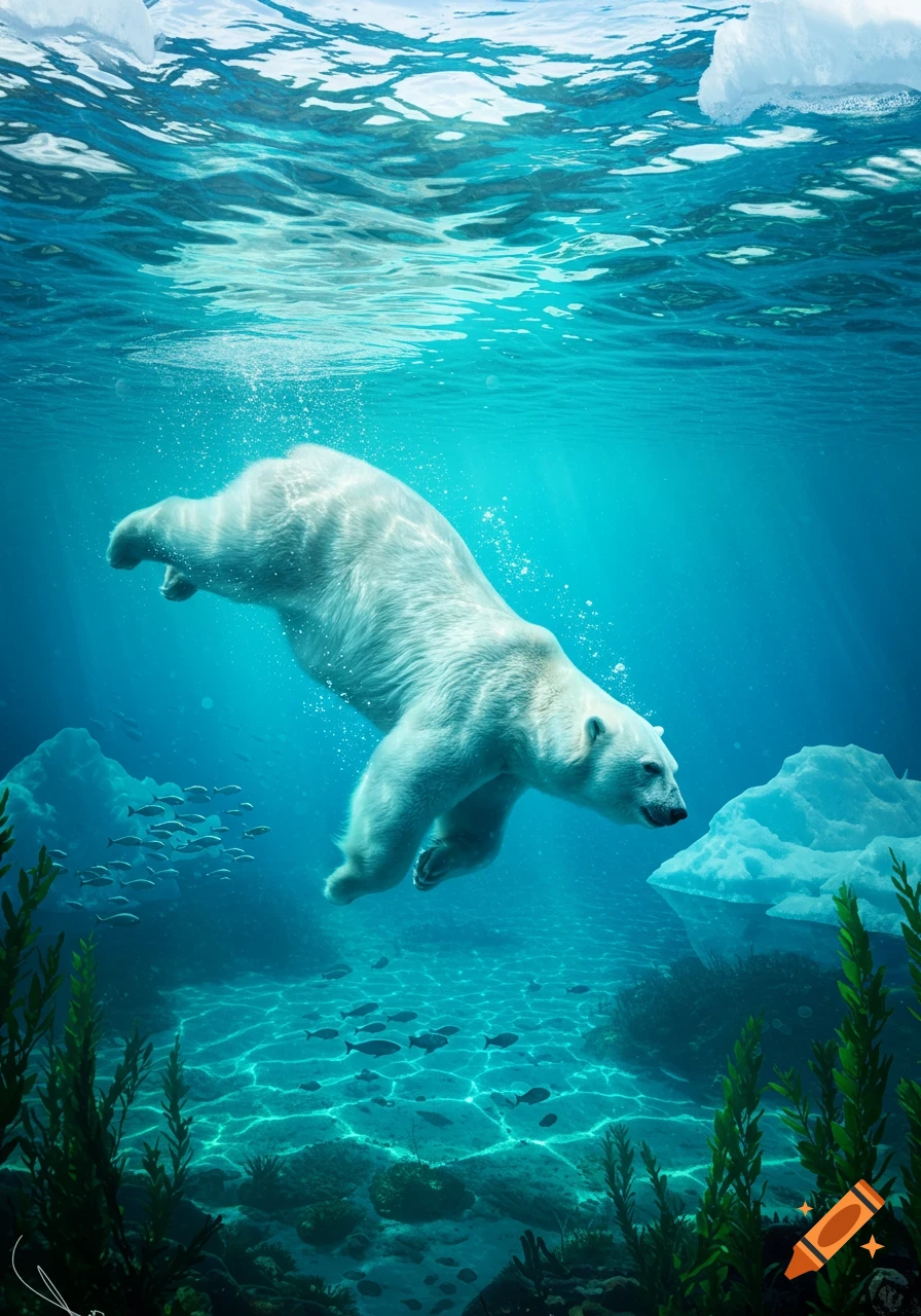 A large polar bear swims gracefully underwater in clear blue water with light rays, surrounded by fish, kelp, and icebergs.