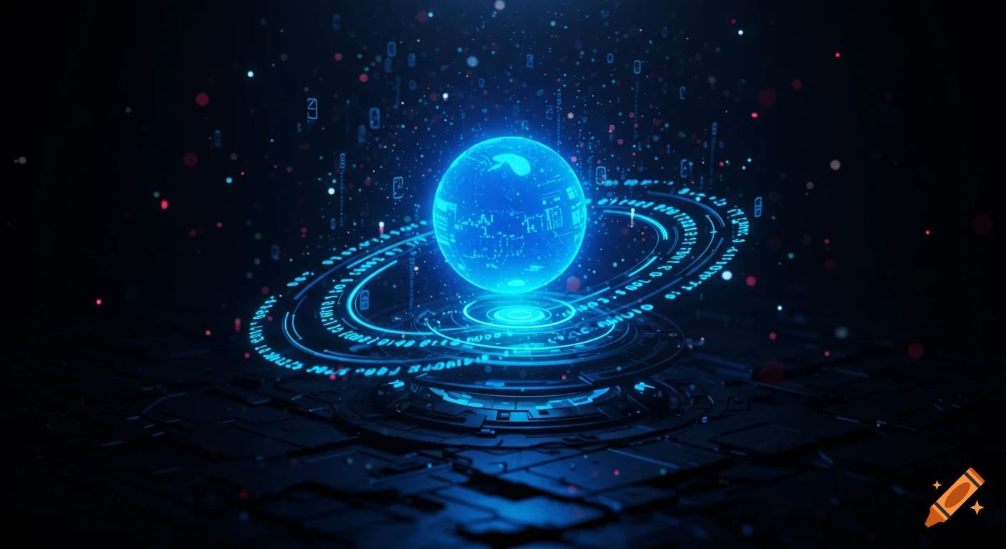 Glowing blue futuristic AI core with data rings and digital particles in a dark, high-tech environment.