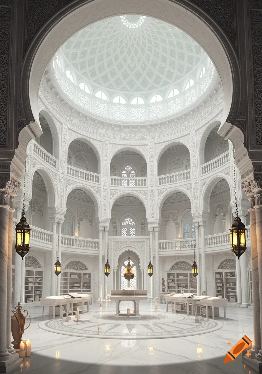 Grand, opulent Moorish library interior with a high domed ceiling, intricate white carvings, arches, and hanging lanterns.