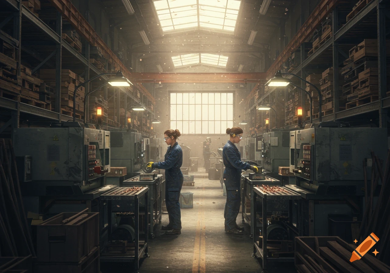 Two women workers in safety gear operate machinery in a busy, sunlit factory warehouse filled with shelves of materials, photorealistic style.