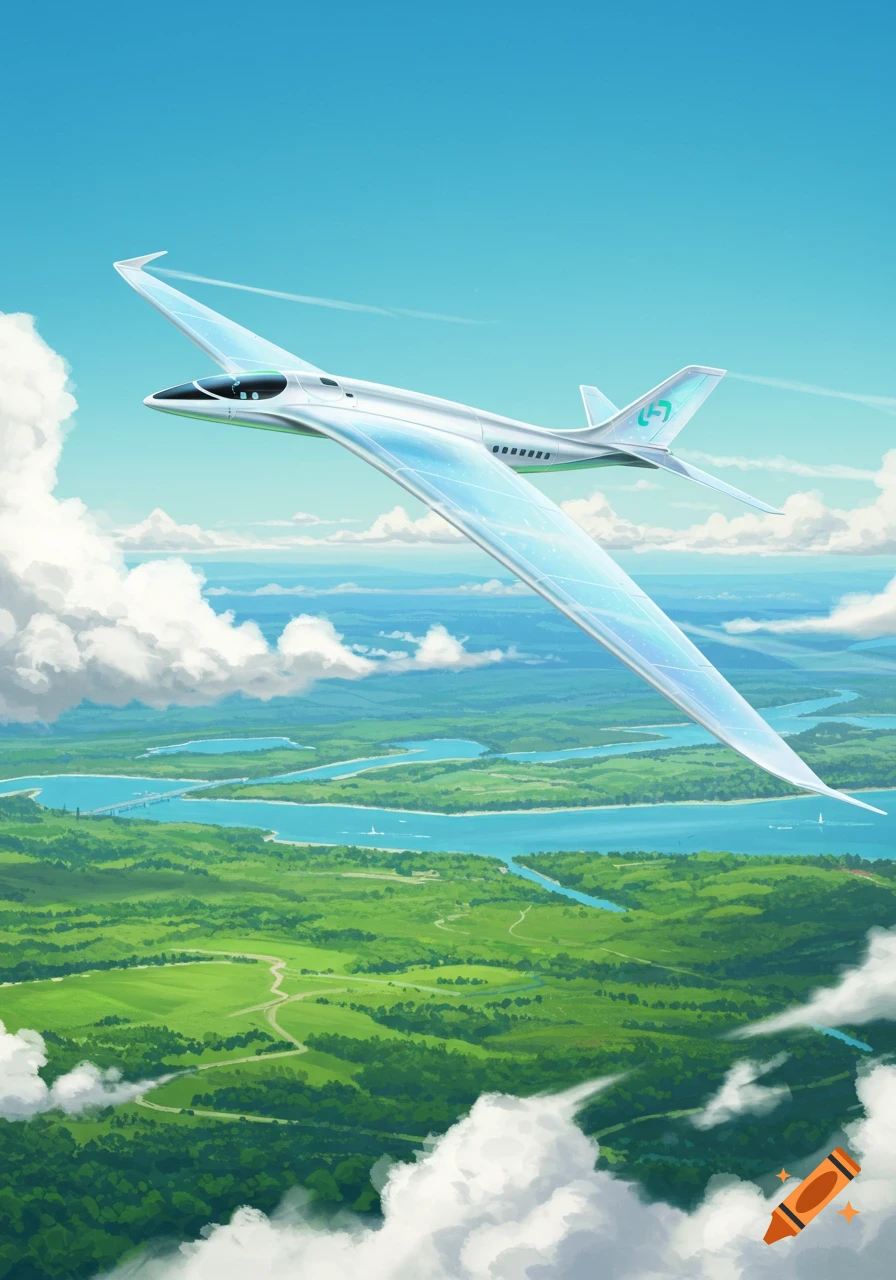 A futuristic white airplane with luminous wings flies over a lush green landscape and rivers under a blue, cloudy sky, in a digital art style.