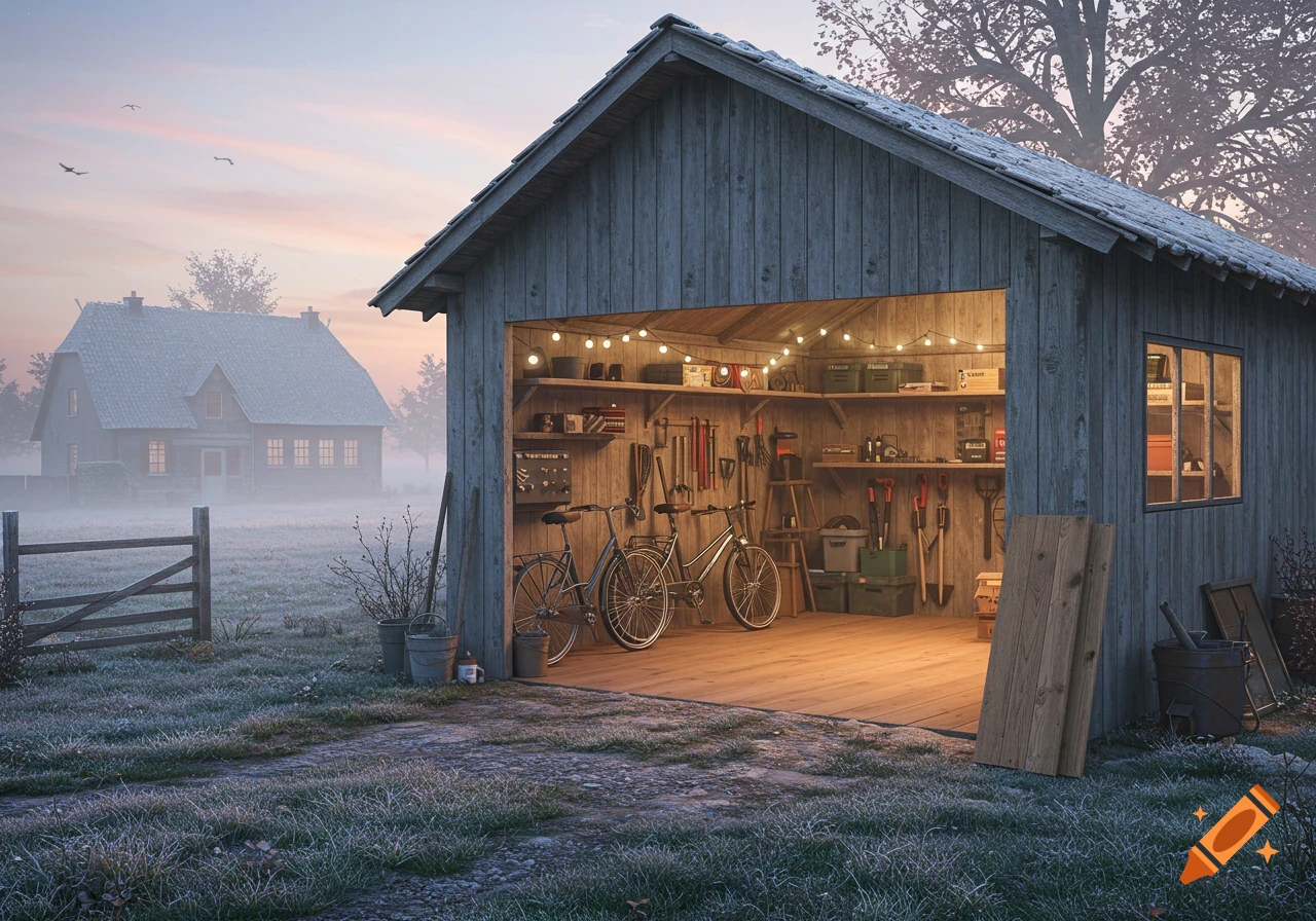 A rustic wooden garage, brightly lit inside, open to reveal bicycles and tools on a frosty morning with a misty house in the background.
