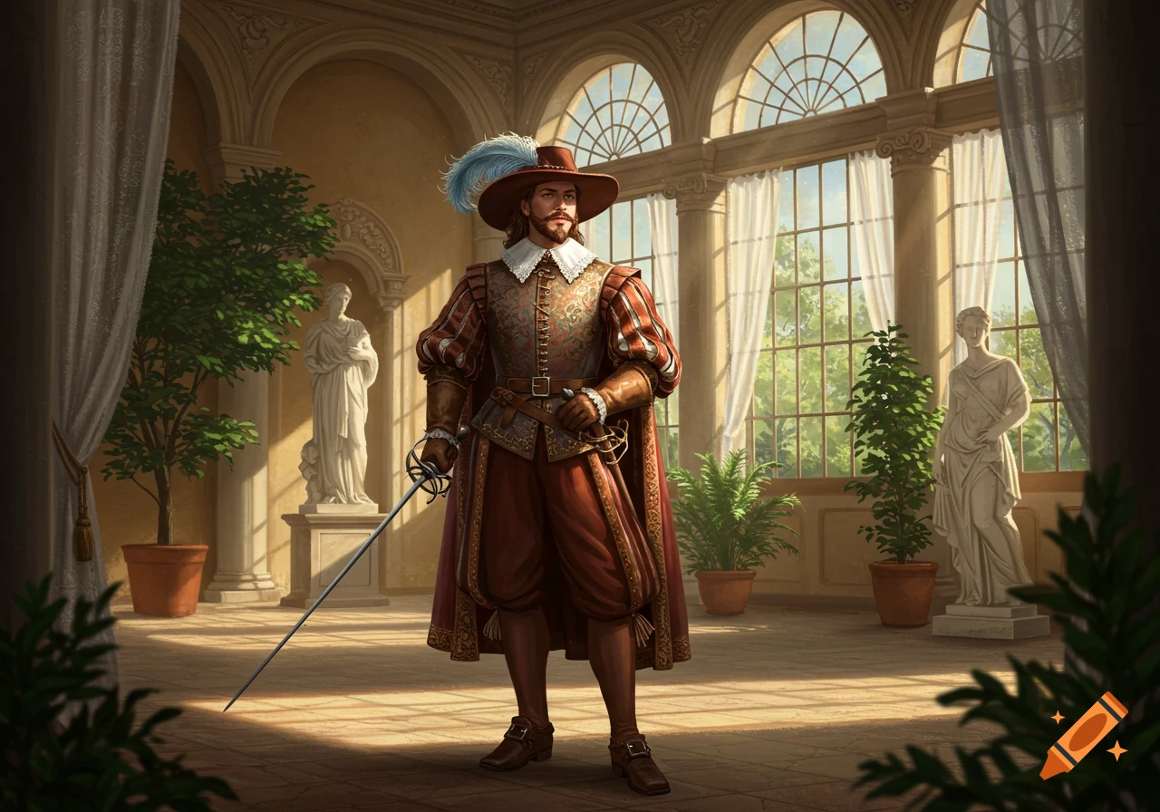A man in Renaissance mercenary attire with a plumed hat and smallsword stands in an elegant hall with arched windows and statues.