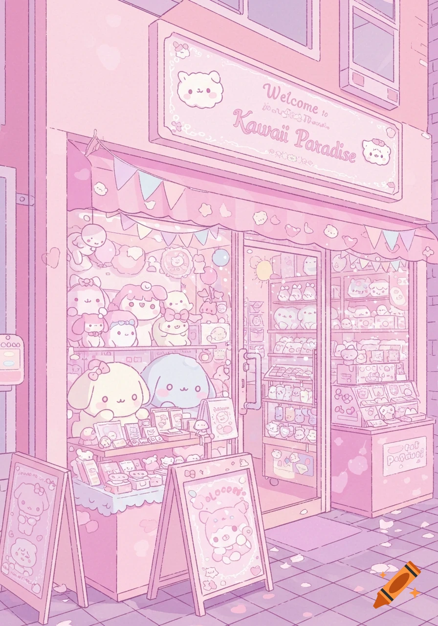 A cute, pink cartoon-style shop named "Kawaii Paradise" filled with adorable plush toys and merchandise.