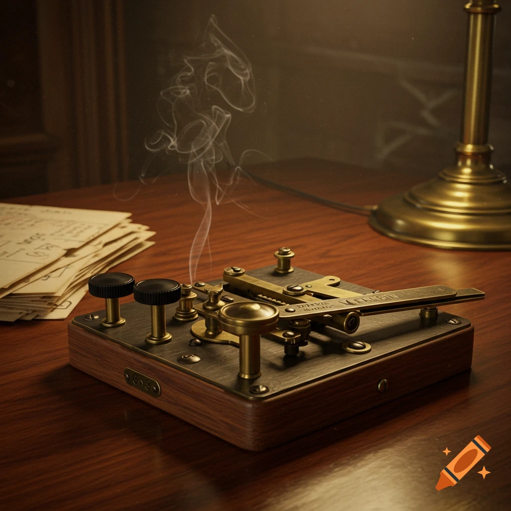 A vintage morse code straight key with a wisp of smoke sits on a wooden desk next to old papers and a brass lamp.