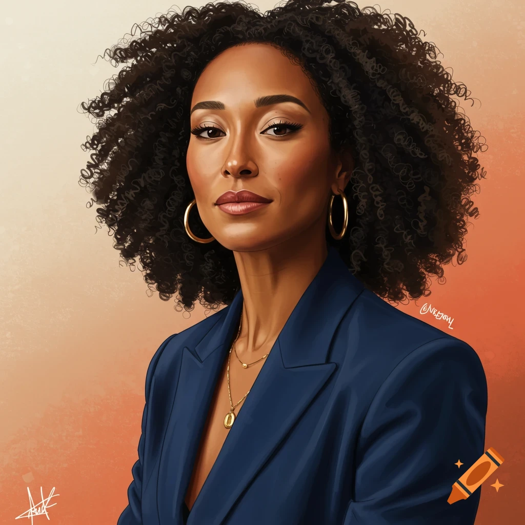 Digital art portrait of a woman with curly dark hair, gold hoop earrings, and a navy blue blazer, looking directly at the viewer.