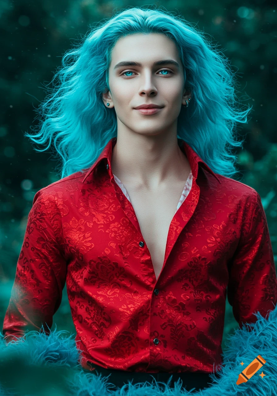 Photorealistic portrait of a young man with vibrant cyan hair, blue eyes, and an open red patterned shirt against a blurred green background.