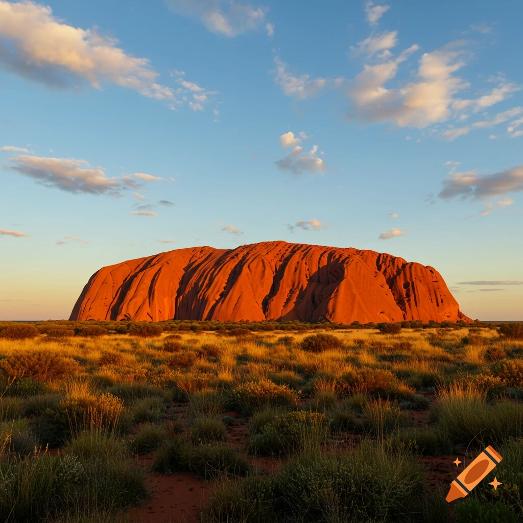 Photorealistic image of Uluru (Ayers Rock), a large red sandstone monolith, in a grassy desert landscape under a blue sky.