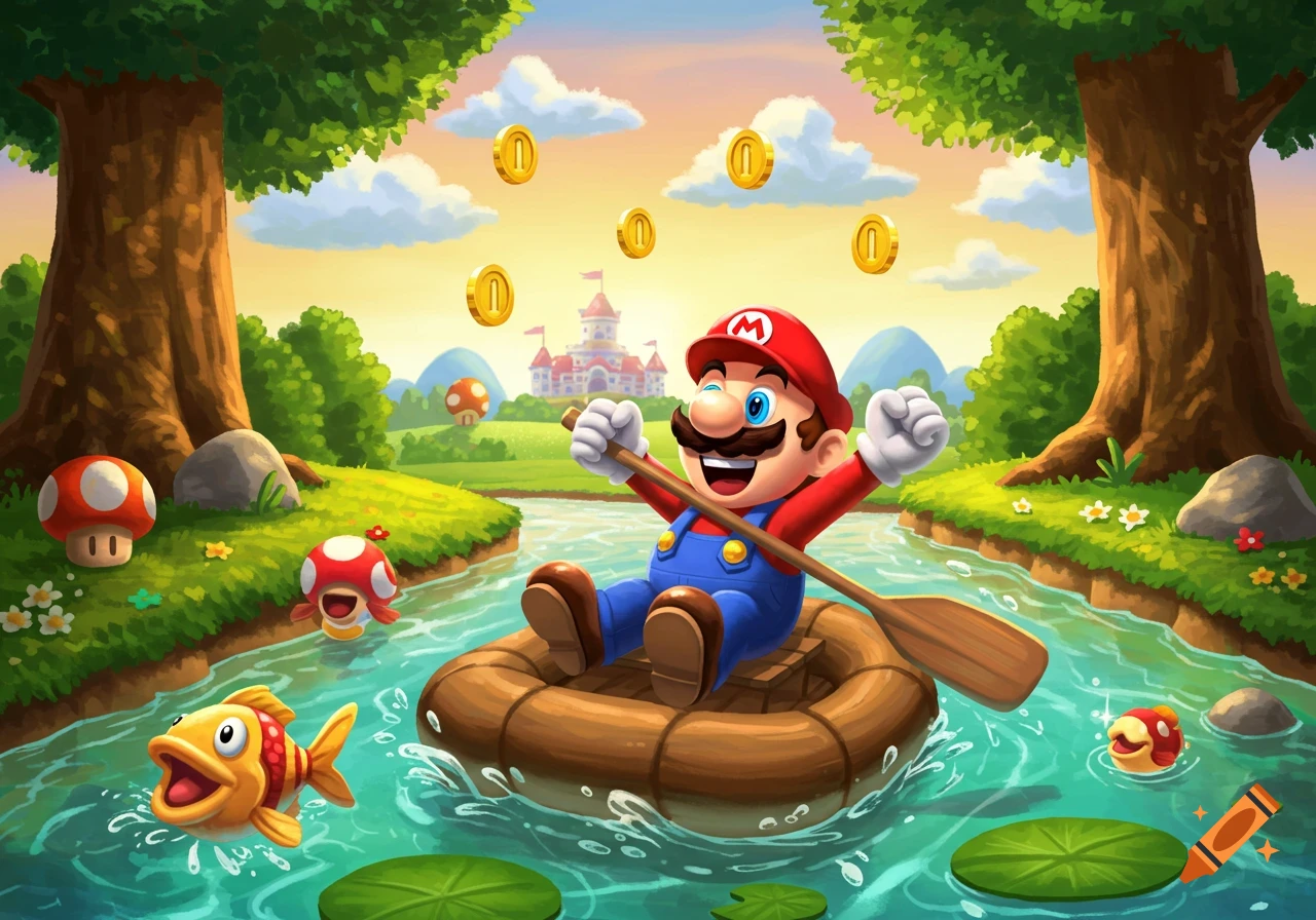 Cartoon Mario happily paddles a wooden boat down a river, surrounded by gold coins, mushrooms, and a distant castle.