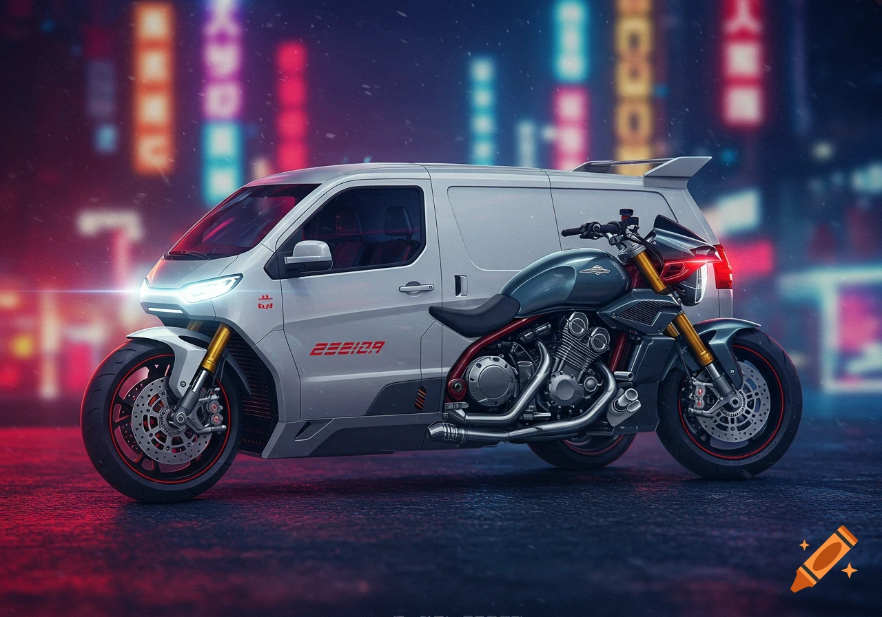 A sleek, futuristic white van integrated with motorcycle parts on a dark street, with blurred neon city lights in the background.