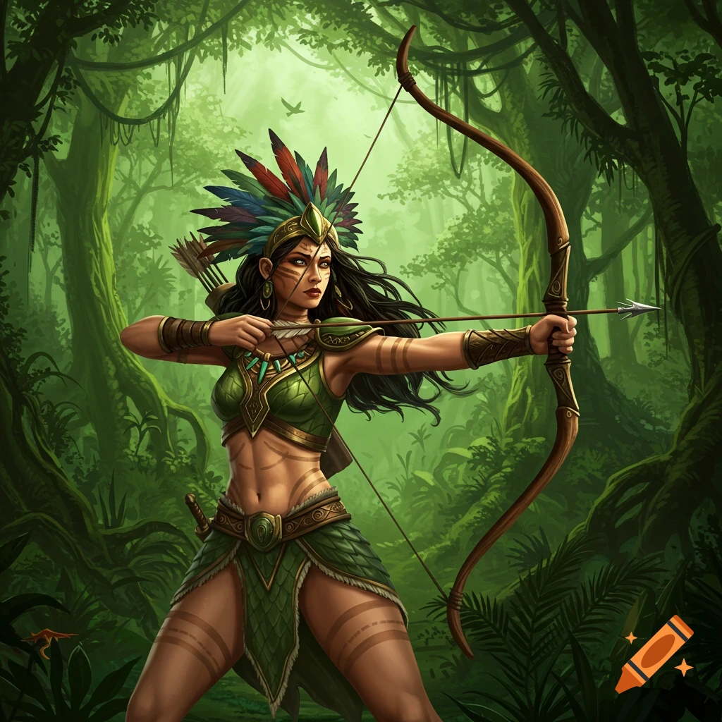 A fierce Amazon warrior with tribal markings and a feather headdress aims a bow and arrow in a lush tropical rainforest.