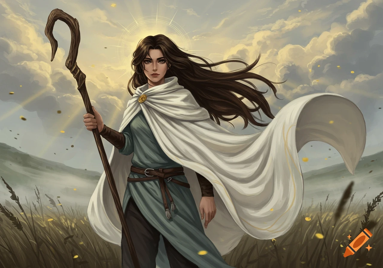 A fantasy character with long dark hair and a white cape holds a shepherd's crook in a field under a cloudy sky.