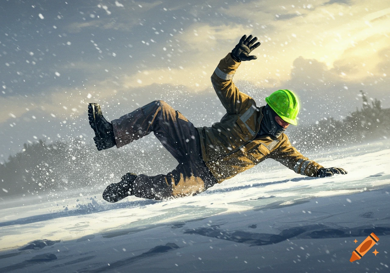 Photorealistic image of a worker in a light green helmet and work clothes slipping and falling backward on a snowy, icy surface.