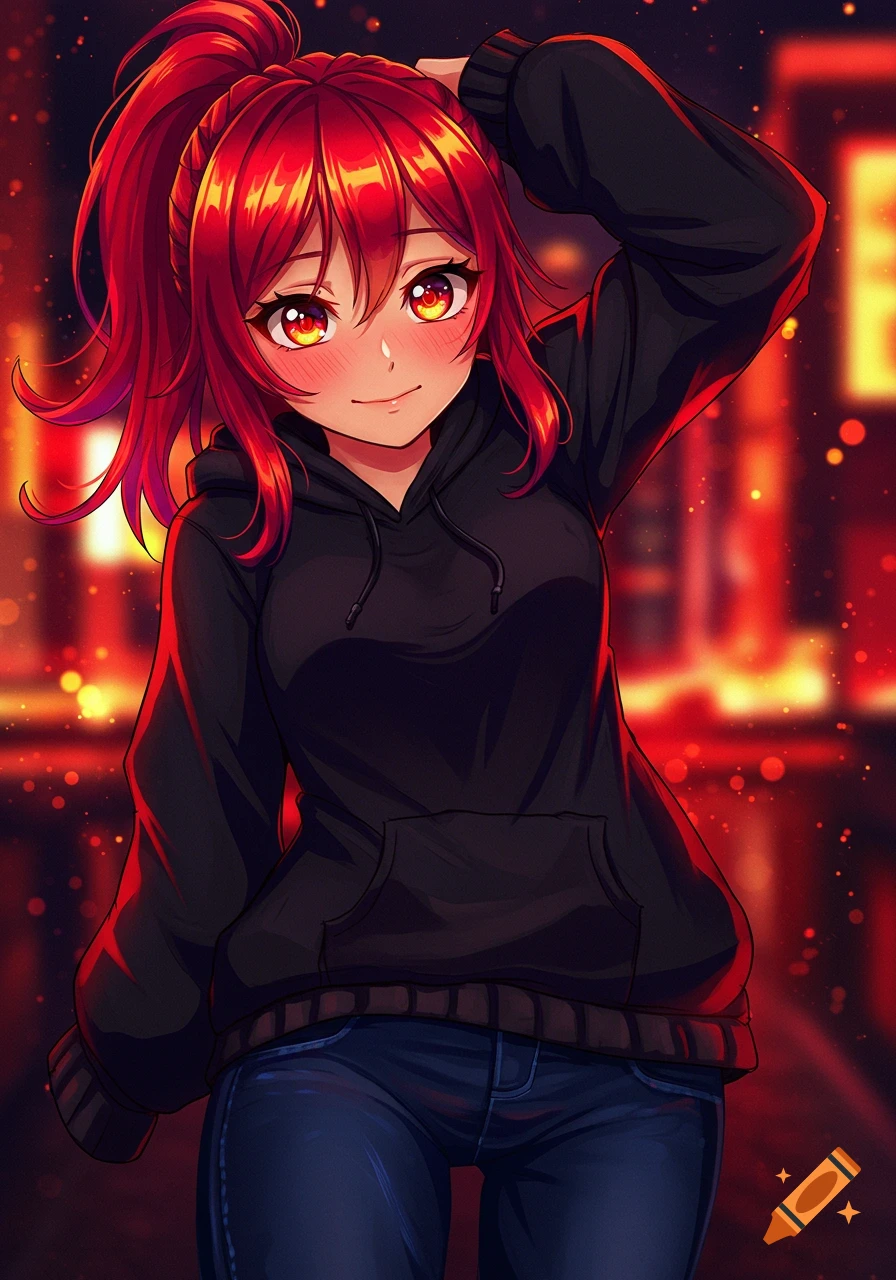 An anime girl with red hair in a ponytail, wearing a black hoodie and dark blue jeans, blushing against a blurry red background.