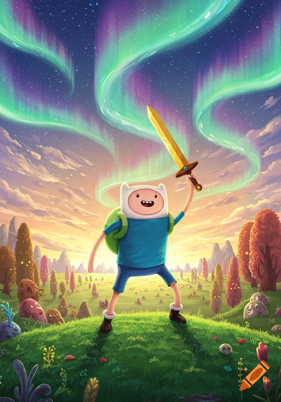 Finn from Adventure Time holds a golden sword aloft in a vibrant fantasy landscape with a green and purple aurora.