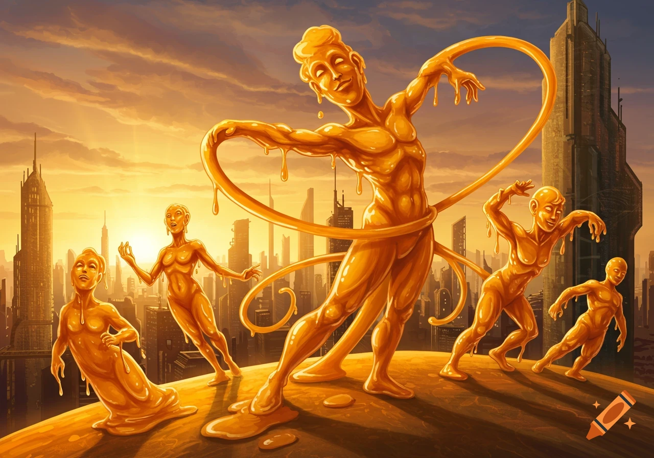 Golden, melting humanoid figures pose on a rooftop overlooking a futuristic golden city at sunset, digital art.