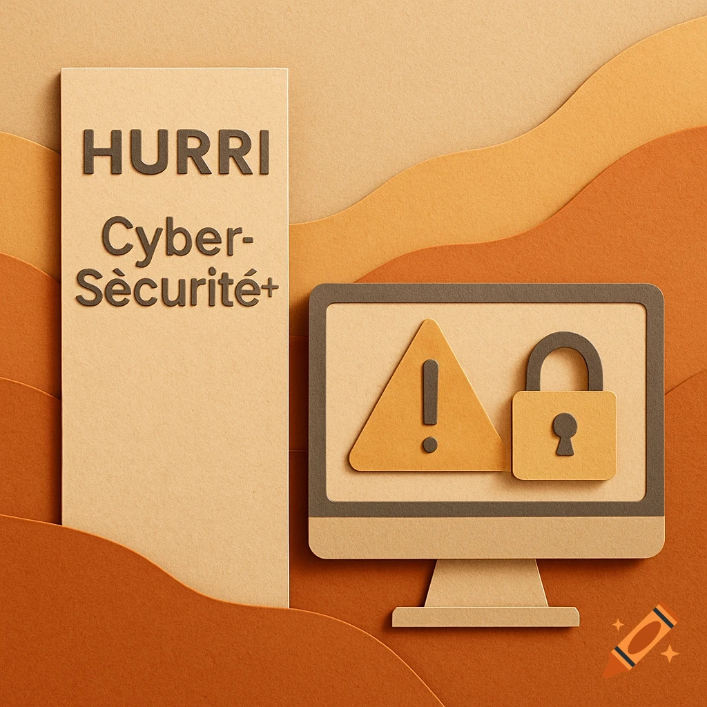 Paper craft illustration for cybersecurity, featuring 'HURRI Cyber-S écurit é+' text and a computer with a warning sign and padlock.