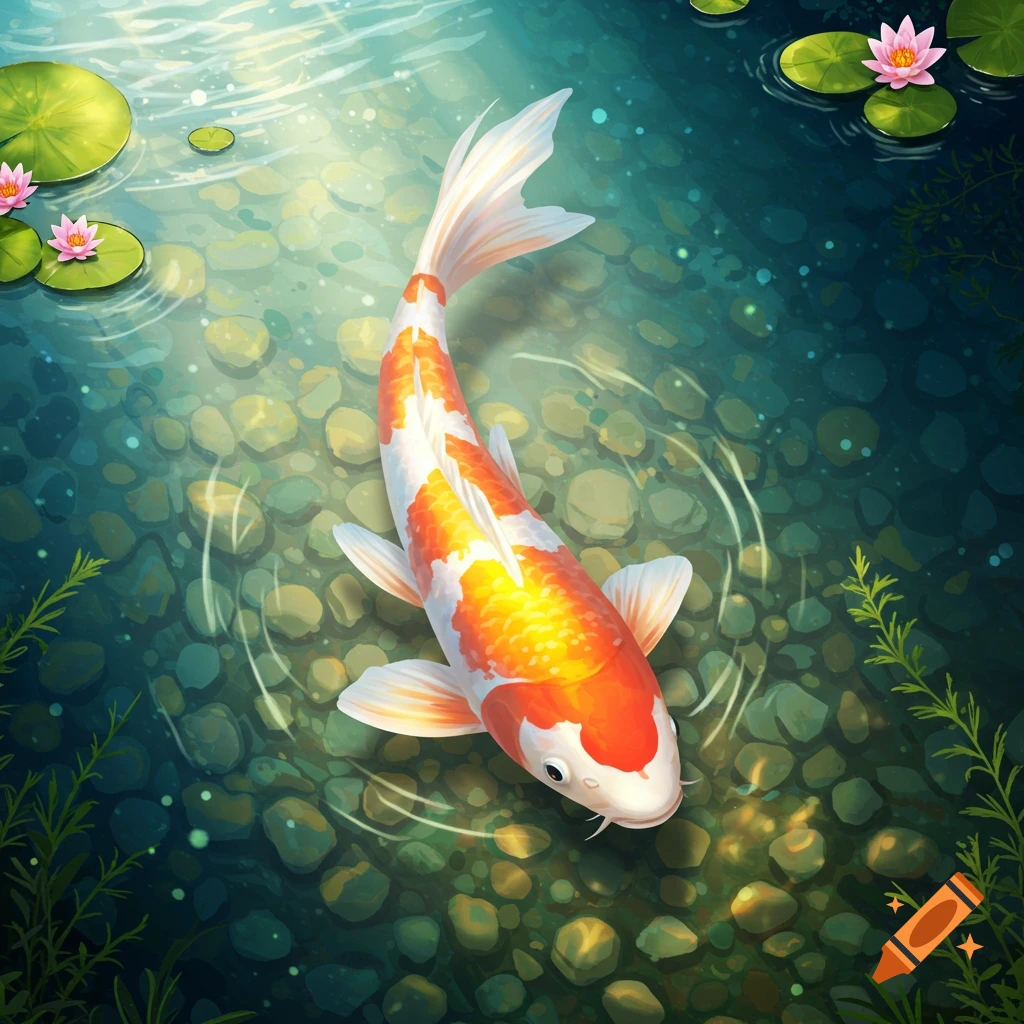 A vibrant orange and white koi fish swims in clear blue-green water with lily pads and sunlight shimmering on the surface, in an illustrative style.