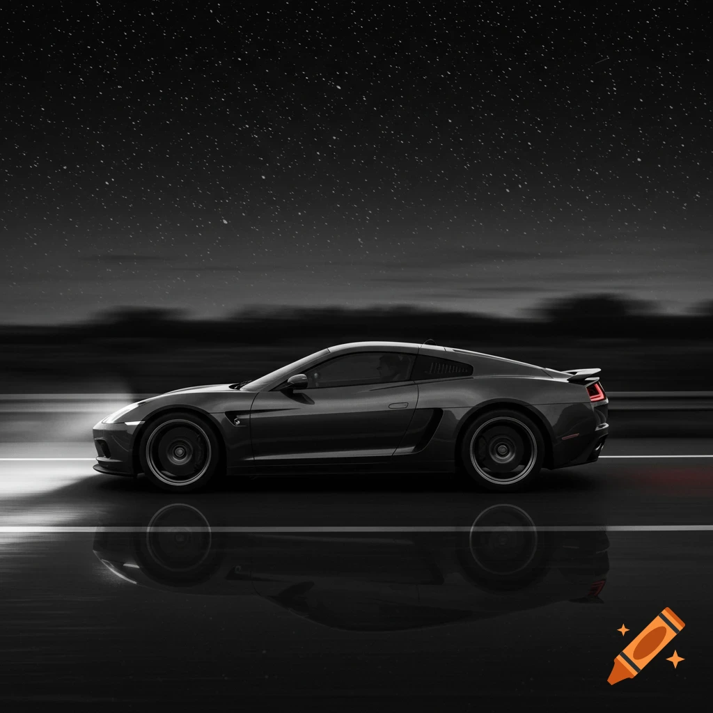 A dark sports car speeds down a wet road at night under a starry sky, with motion blur.