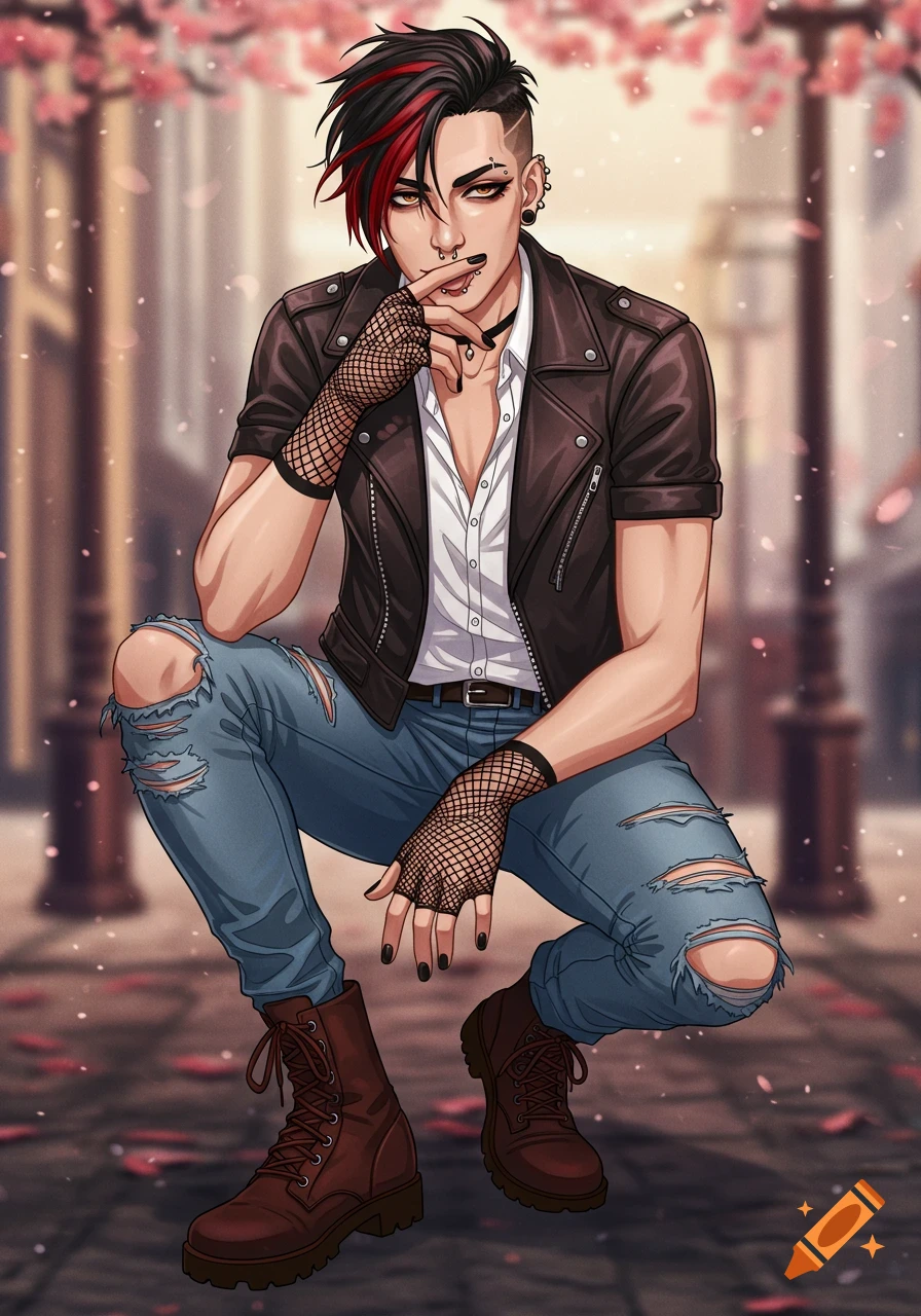 An anime man with black and red hair, wearing a leather jacket, ripped jeans, and fishnet gloves, squatting outdoors.