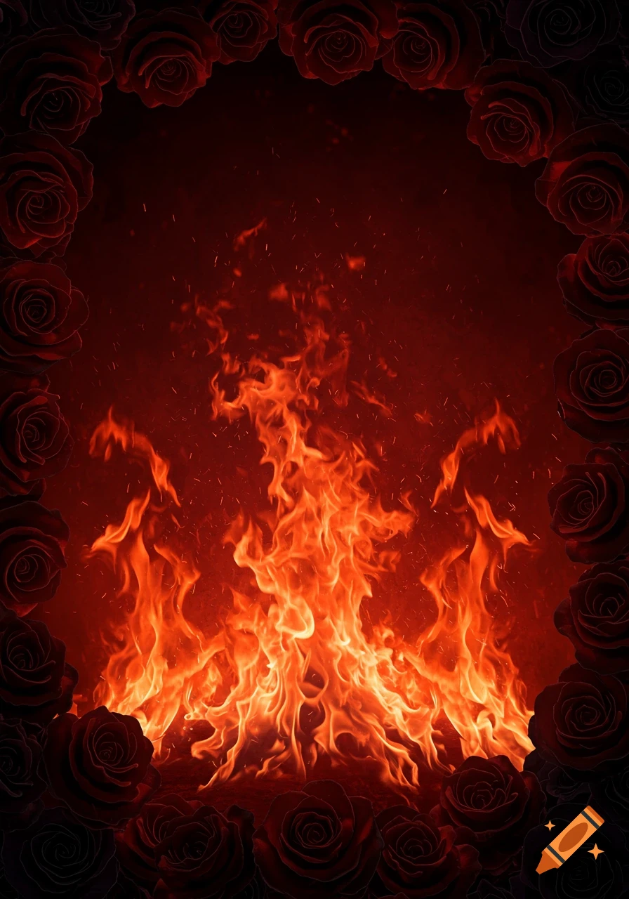 Vibrant orange and red flames framed by dark red roses on a dark background.