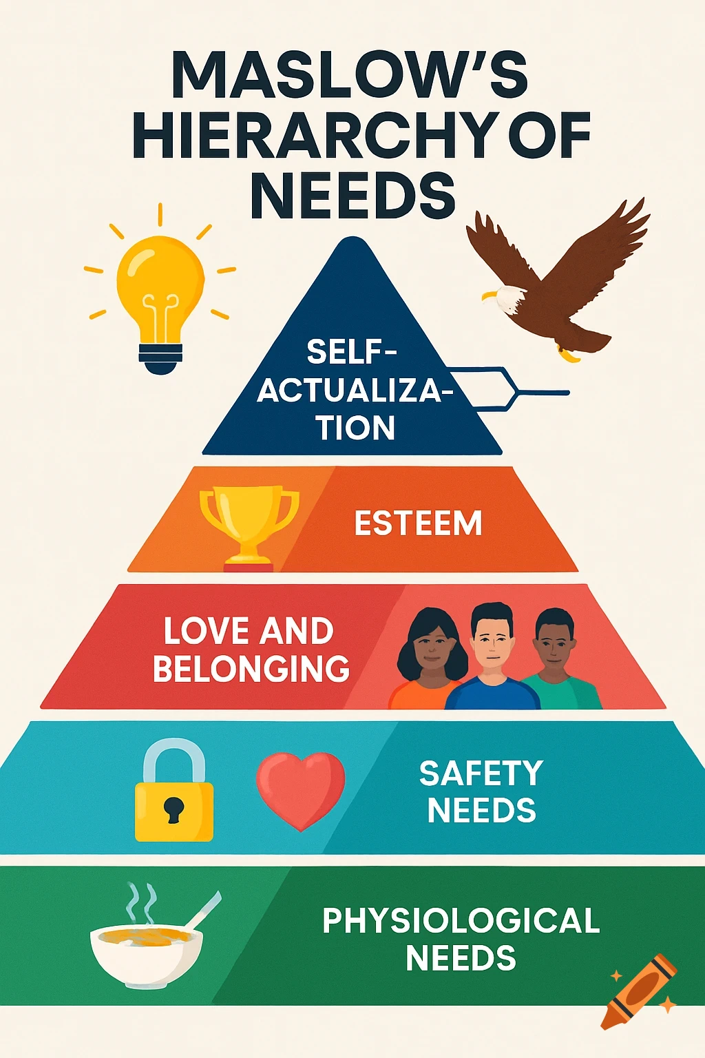 An infographic illustrating Maslow's Hierarchy of Needs as a pyramid with levels and corresponding icons.
