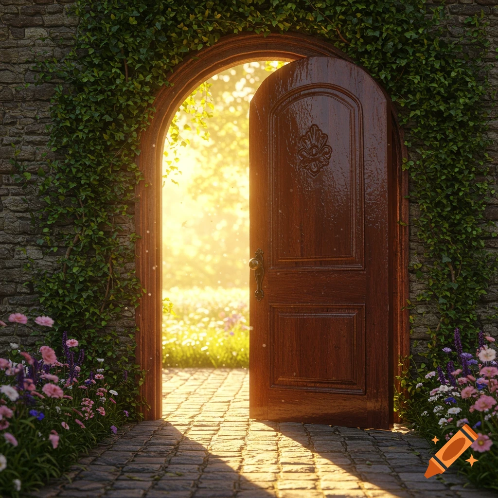 A rustic wooden door opens into a sunlit garden path, surrounded by stone and ivy.