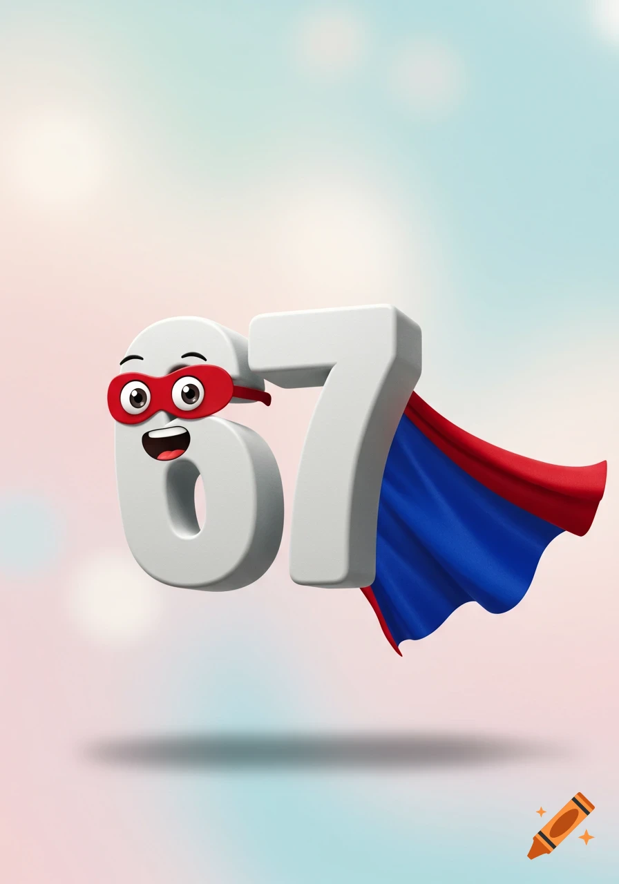 A 3D cartoon number 6 with a superhero mask and smiling face, next to a number 7 with a flowing red and blue cape, against a pastel background.
