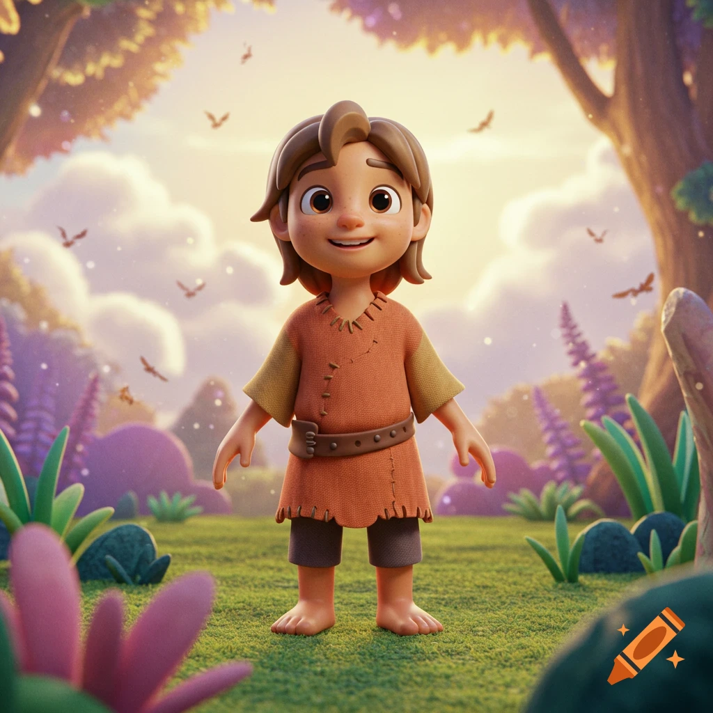 A smiling, barefoot 3D cartoon boy with light brown hair and freckles stands in a whimsical, glowing fantasy forest.