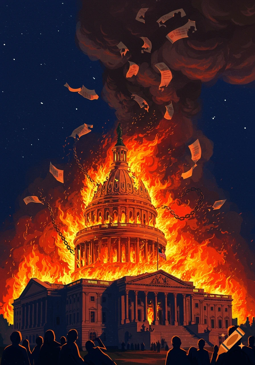 Stylized illustration of the US Capitol building engulfed in massive flames and smoke, with chains around the dome and papers flying out. Silhouetted figures watch from the foreground against a dark, starry sky.