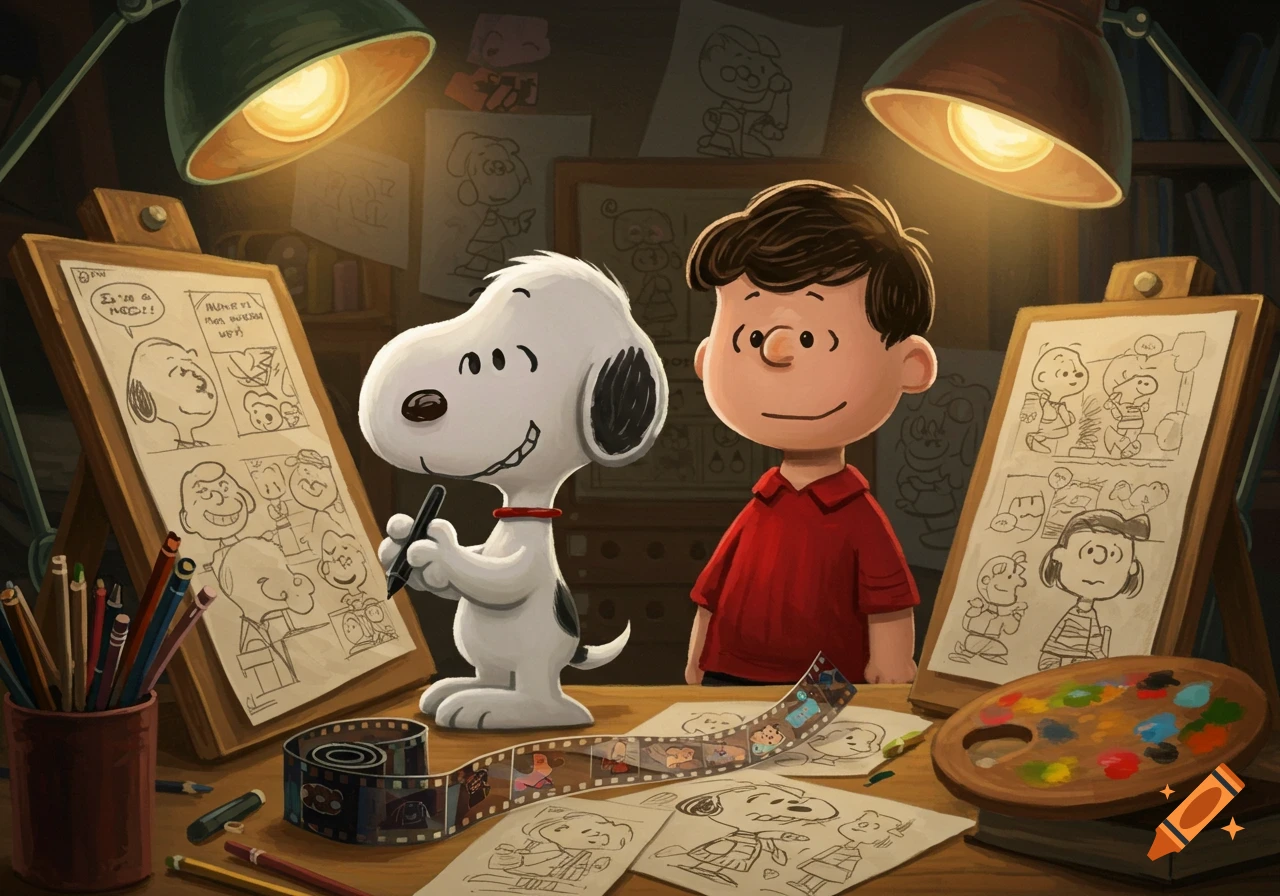 Snoopy drawing at an easel next to Charlie Brown, surrounded by comic strips, film, and art supplies under warm desk lamps.