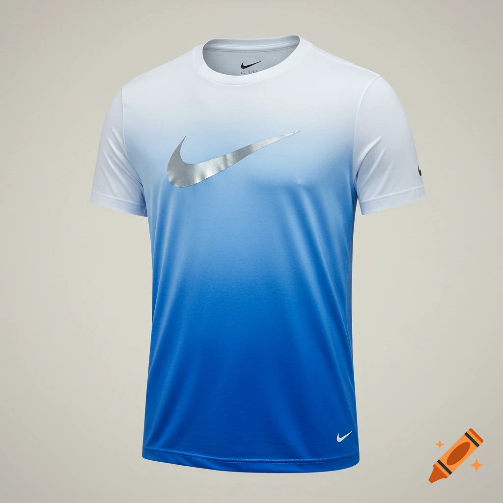 White and blue gradient Nike t-shirt with a silver swoosh logo on the front, and small swooshes on sleeve and hem.