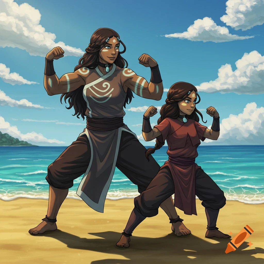 Two anime women, one adult and one child, with long dark hair and tribal markings, flexing muscles on a sandy beach.