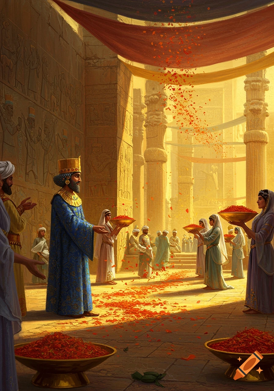 Ancient Persian king and people celebrating with saffron petals in a majestic golden temple, depicted in a historical painting style.