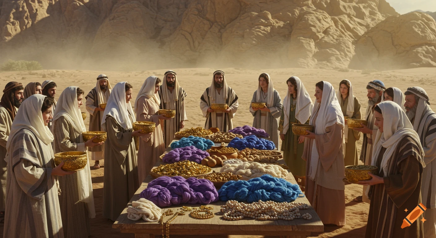 Photorealistic scene of men and women bringing voluntary offerings of gold, wool, and linen to a table in a desert landscape.