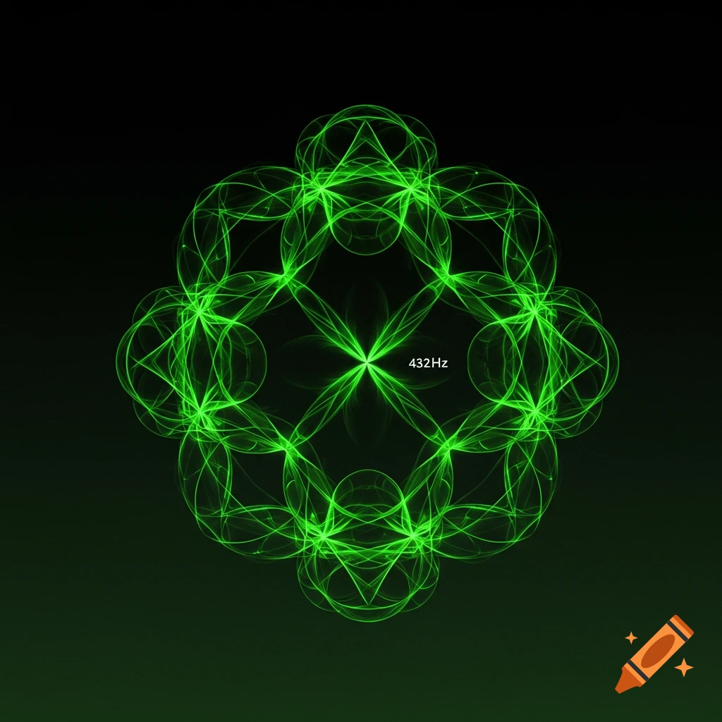Abstract glowing green geometric pattern with '432Hz' text in the center against a dark background.