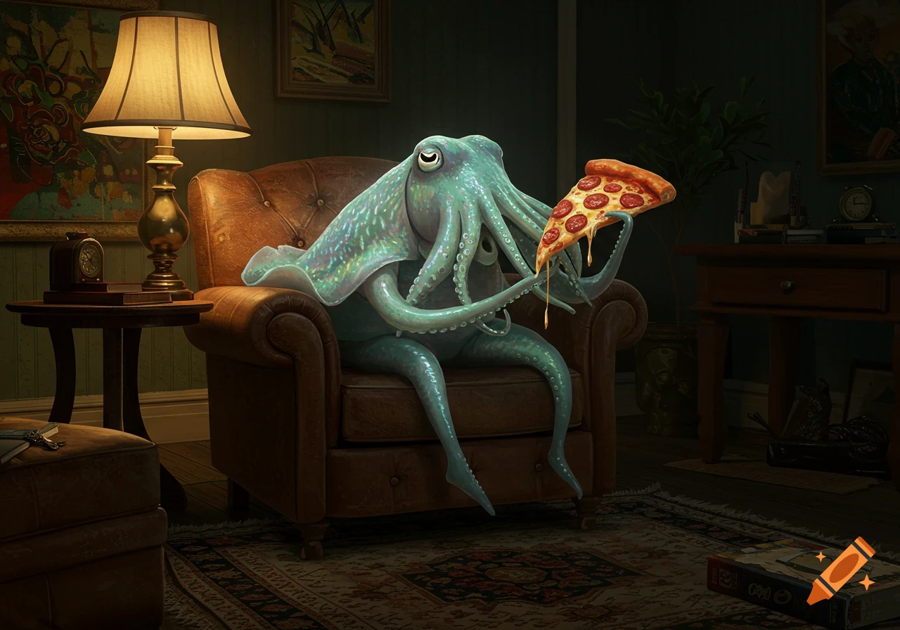 A whimsical photorealistic image of a cuttlefish sitting in a cozy armchair, eating a slice of pepperoni pizza.