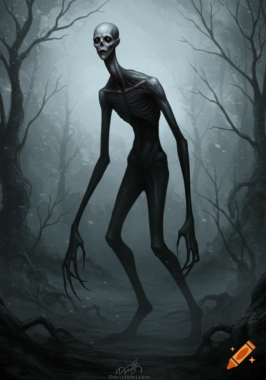 A gaunt, dark creature with long limbs and glowing red eyes stands in a misty, gnarled forest, digital painting.