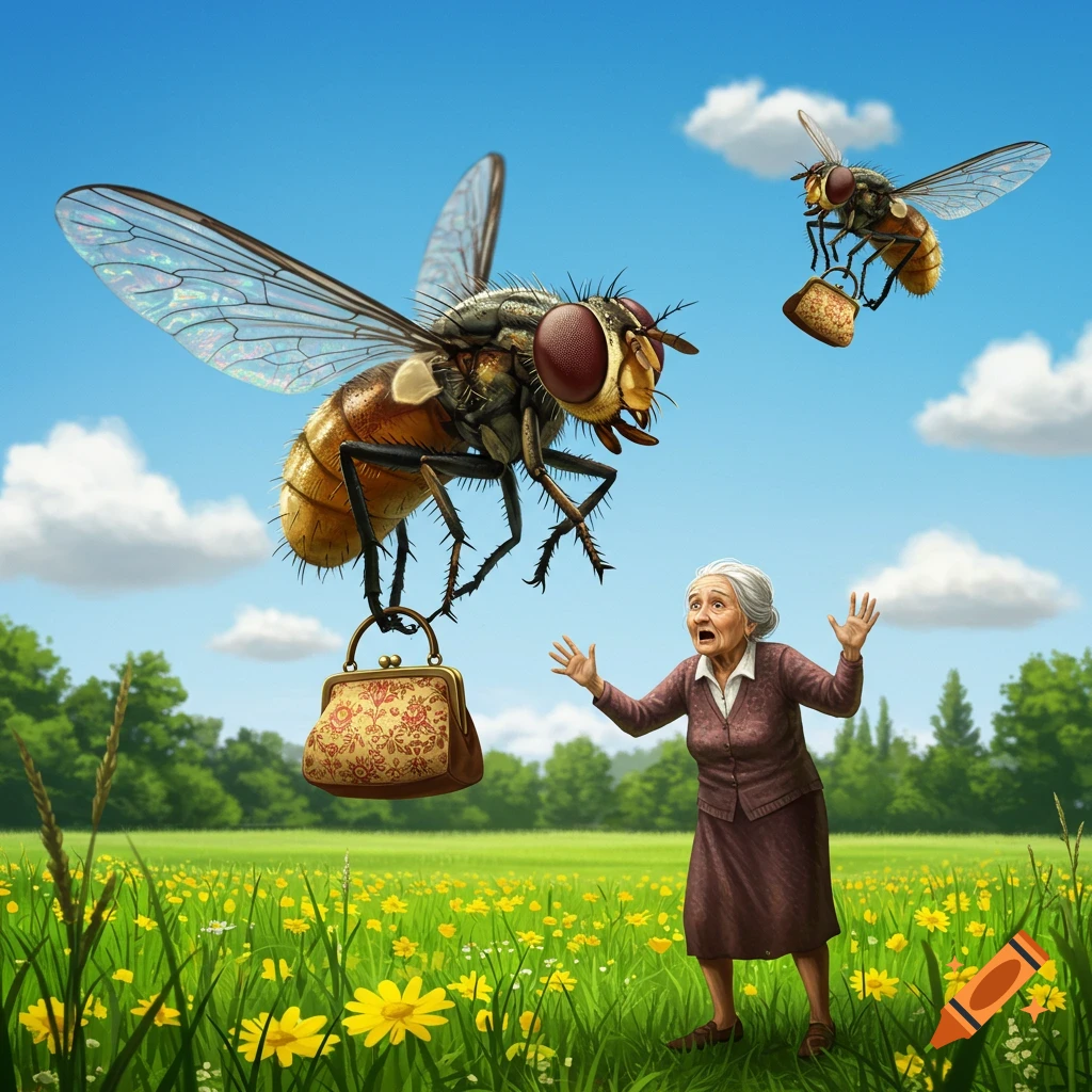 A scared old woman watches as giant flies fly away with her purse over a sunny field of yellow flowers in a detailed illustration.