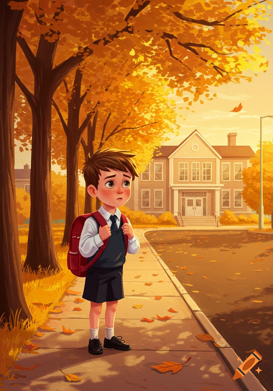 A nervous boy in school uniform and red backpack stands on an autumn sidewalk in front of a school.