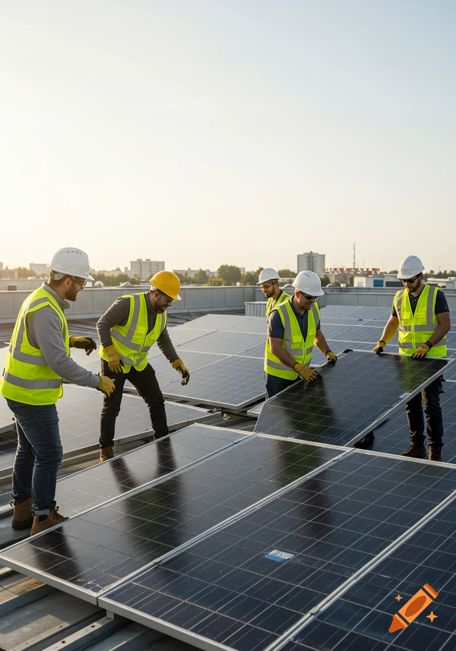 Workers in hard hats and safety vests install solar panels on a sunny rooftop.