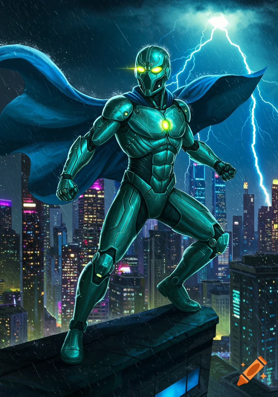 Metallic green superhero with a blue cape stands on a rainy rooftop overlooking a futuristic city under a lightning storm.