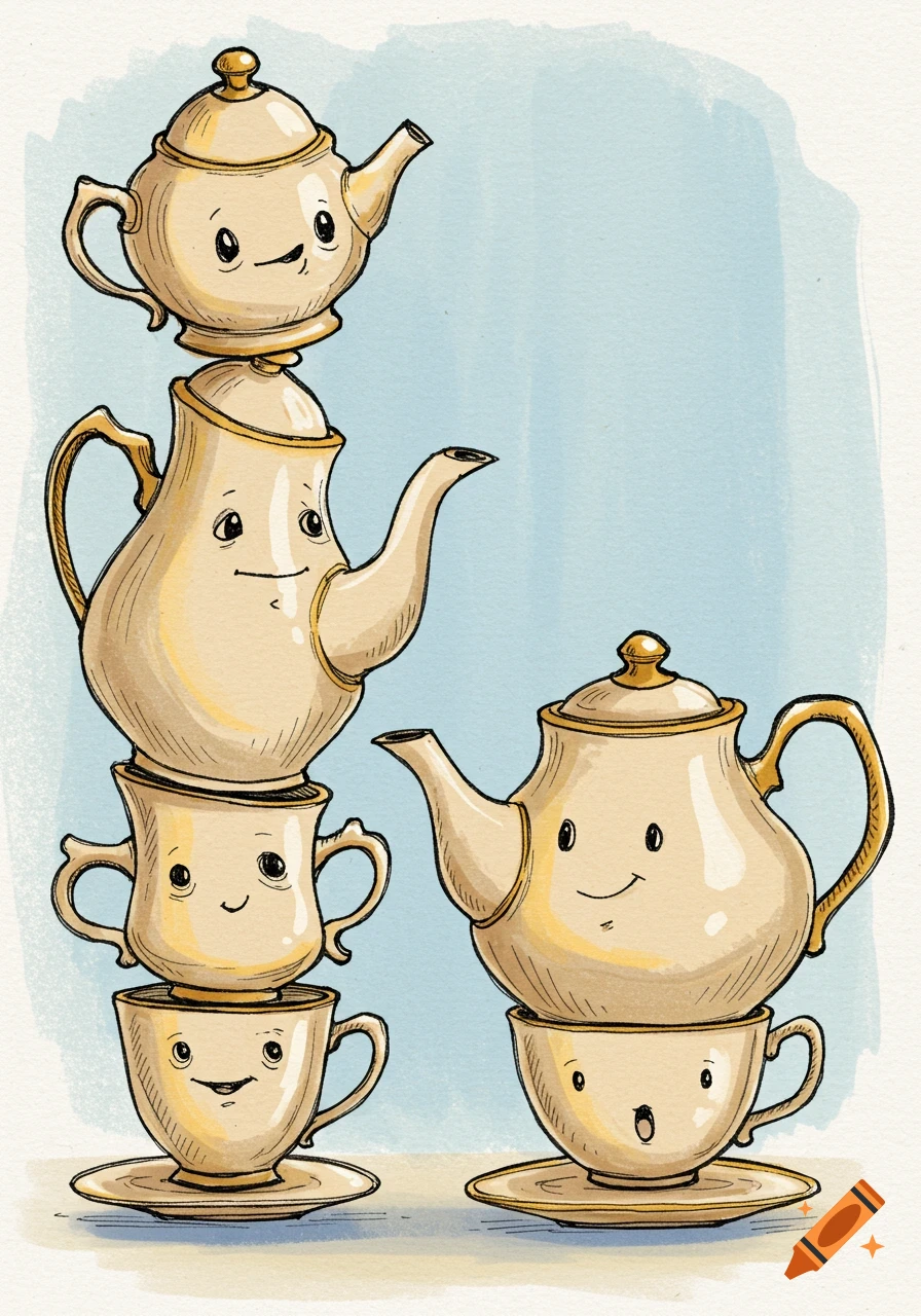 Two towers of cartoon teapots and teacups with happy faces in a watercolor sketch style.