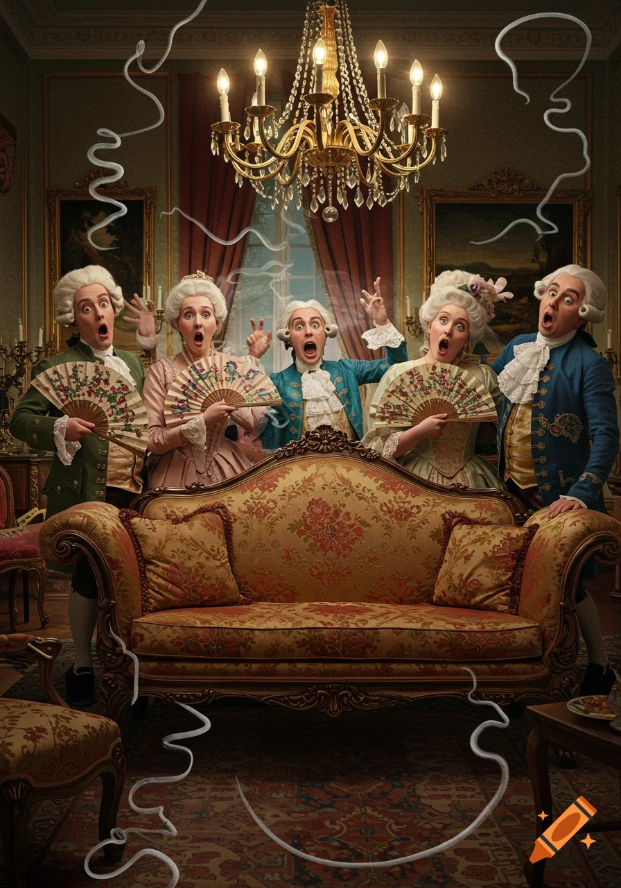 Five white-wigged 18th-century people in Rococo attire react with shocked disgust to a bad smell in a lavish room, with stylized odor trails.